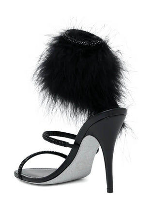 Faux Fur Crystal-Embellished Open Toe Spiral Stiletto Sandals