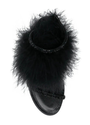 Faux Fur Crystal-Embellished Open Toe Spiral Stiletto Sandals