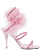 Faux Fur Crystal-Embellished Open Toe Spiral Stiletto Sandals
