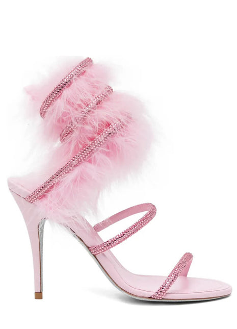 Faux Fur Crystal-Embellished Open Toe Spiral Stiletto Sandals