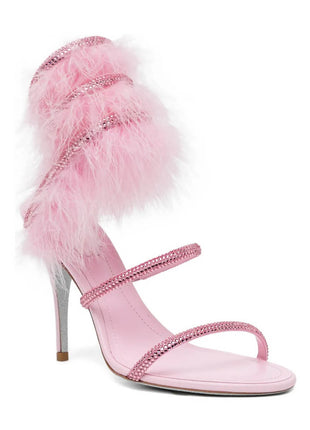 Faux Fur Crystal-Embellished Open Toe Spiral Stiletto Sandals