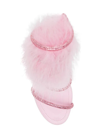 Faux Fur Crystal-Embellished Open Toe Spiral Stiletto Sandals
