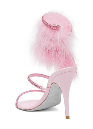 Faux Fur Crystal-Embellished Open Toe Spiral Stiletto Sandals