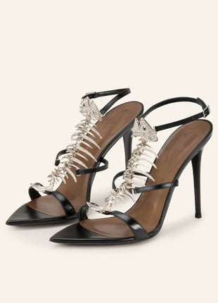 Rhinestone Fishbone-Shaped Open Pointed Toe Stiletto Heeled Sandals
