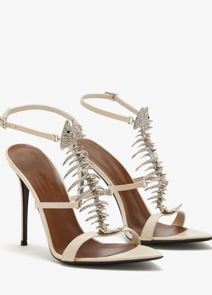 Rhinestone Fishbone-Shaped Open Pointed Toe Stiletto Heeled Sandals