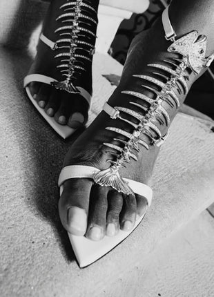 Rhinestone Fishbone-Shaped Open Pointed Toe Stiletto Heeled Sandals