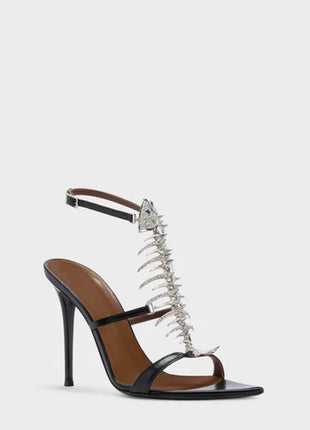 Rhinestone Fishbone-Shaped Open Pointed Toe Stiletto Heeled Sandals