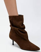 Suede Ruched Pointed Toe Ankle Mid Kitten Heel Boots