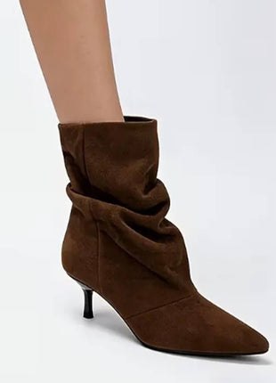 Suede Ruched Pointed Toe Ankle Mid Kitten Heel Boots