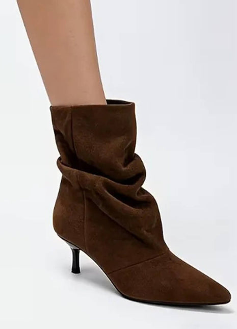 Suede Ruched Pointed Toe Ankle Mid Kitten Heel Boots