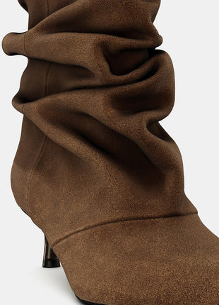 Suede Ruched Pointed Toe Ankle Mid Kitten Heel Boots