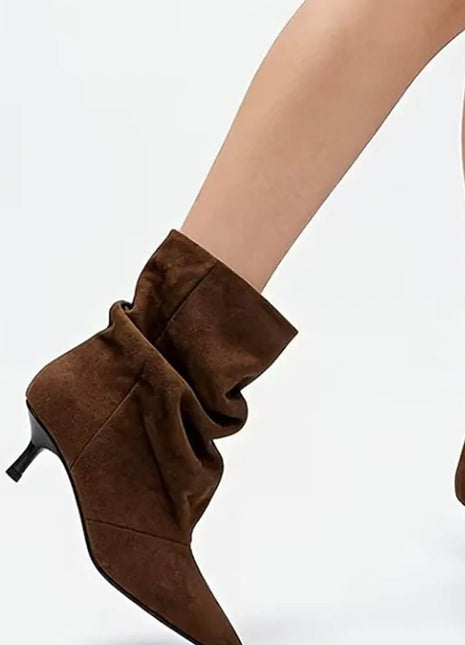 Suede Ruched Pointed Toe Ankle Mid Kitten Heel Boots