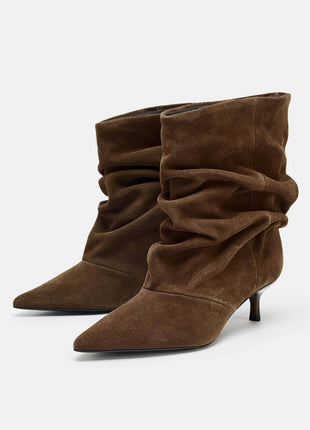 Suede Ruched Pointed Toe Ankle Mid Kitten Heel Boots