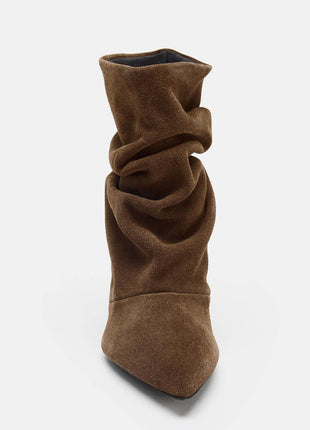 Suede Ruched Pointed Toe Ankle Mid Kitten Heel Boots