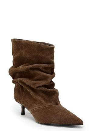 Suede Ruched Pointed Toe Ankle Mid Kitten Heel Boots