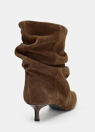 Suede Ruched Pointed Toe Ankle Mid Kitten Heel Boots