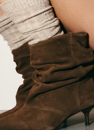 Suede Ruched Pointed Toe Ankle Mid Kitten Heel Boots