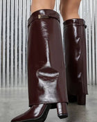 Faux Patent Leather Buckle Detail Foldover Knee High Blocked Heel Boots