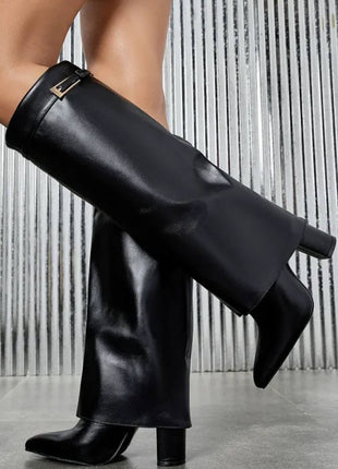 Faux Patent Leather Buckle Detail Foldover Knee High Blocked Heel Boots