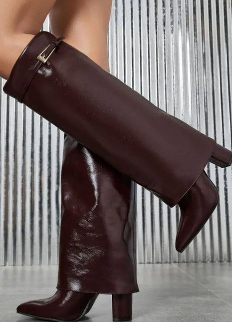 Faux Patent Leather Buckle Detail Foldover Knee High Blocked Heel Boots