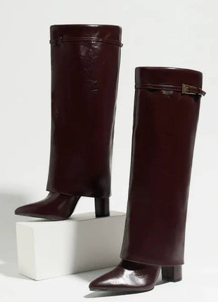 Faux Patent Leather Buckle Detail Foldover Knee High Blocked Heel Boots