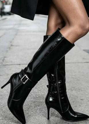 Faux Leather Buckle Detail Pointed Toe Knee High Stiletto Heel Boots