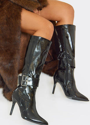 Faux Leather Buckle Detail Pointed Toe Knee High Stiletto Heel Boots