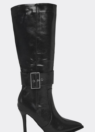 Faux Leather Buckle Detail Pointed Toe Knee High Stiletto Heel Boots