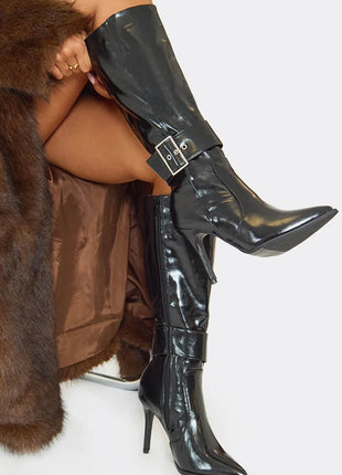 Faux Leather Buckle Detail Pointed Toe Knee High Stiletto Heel Boots