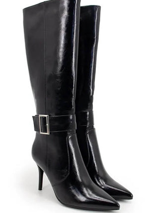 Faux Leather Buckle Detail Pointed Toe Knee High Stiletto Heel Boots