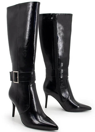 Faux Leather Buckle Detail Pointed Toe Knee High Stiletto Heel Boots