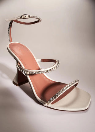 Satin Crystal-Embellished Open Toe Sculpted Heel Sandals