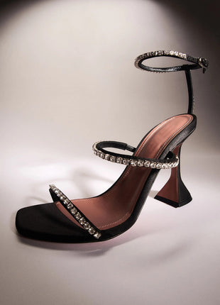 Satin Crystal-Embellished Open Toe Sculpted Heel Sandals