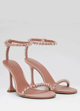Satin Crystal-Embellished Open Toe Sculpted Heel Sandals