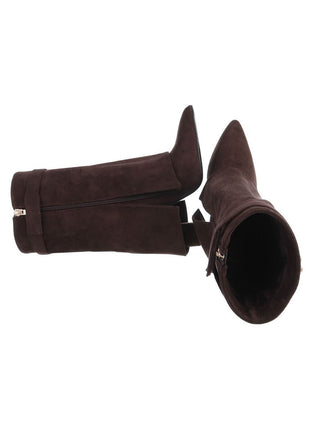 Faux Leather Fold Over Metal Lock Detail Pointed Toe Ankle Boots