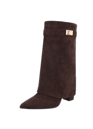 Faux Leather Fold Over Metal Lock Detail Pointed Toe Ankle Boots