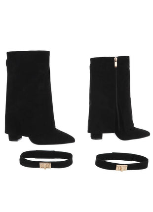 Faux Leather Fold Over Metal Lock Detail Pointed Toe Ankle Boots