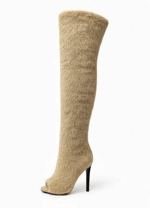Faux Fur Teddy Over-The-Knee Peep Toe Stiletto Boots