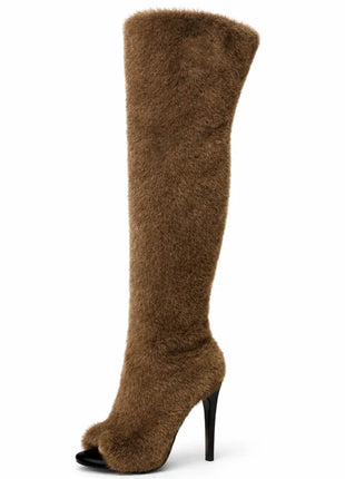 Faux Fur Teddy Over-The-Knee Peep Toe Stiletto Boots