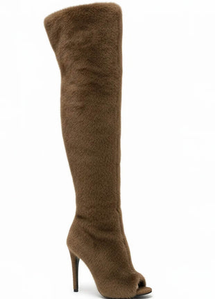 Faux Fur Teddy Over-The-Knee Peep Toe Stiletto Boots