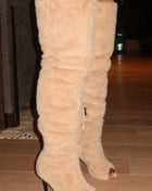 Faux Fur Teddy Over-The-Knee Peep Toe Stiletto Boots