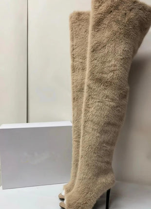 Faux Fur Teddy Over-The-Knee Peep Toe Stiletto Boots