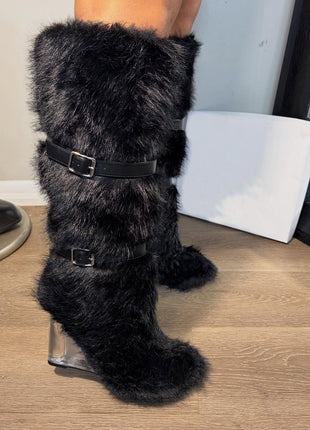 Faux Fur Knee High Clear Wedge Heeld Boots With Buckles