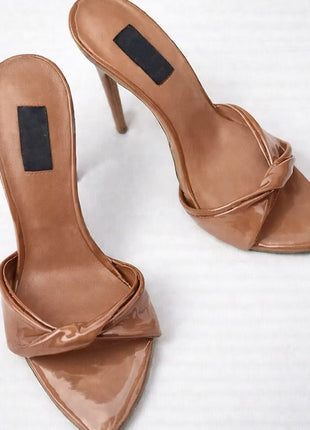 Patent Twisted Strap Open Pointed Toe High-Heeled Mule Sandals - Nude