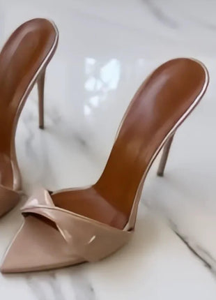 Patent Twisted Strap Open Pointed Toe High-Heeled Mule Sandals - Nude