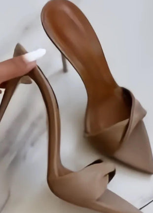 Patent Twisted Strap Open Pointed Toe High-Heeled Mule Sandals - Nude