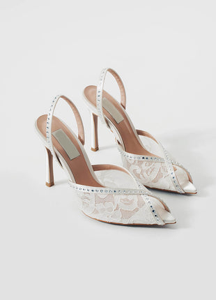 Lace Open Toe Stiletto Heel Pumps With Rhinestone - White