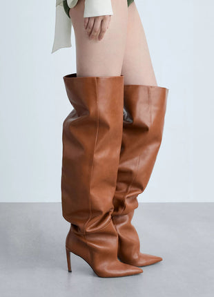 Slouchy Pointed Toe Thigh High Stiletto Heel Boots