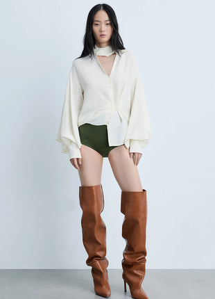 Slouchy Pointed Toe Thigh High Stiletto Heel Boots