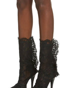 Eyelash Lace Pointed Toe Mid-Calf Stiletto Heel Boots